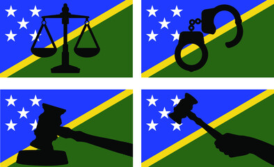 Obraz premium Solomon Island flag with justice vector silhouette, judge gavel, scales of justice, handcuff silhouette on country flag
