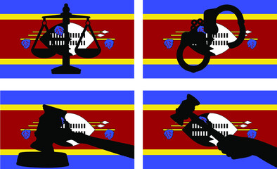 Swaziland flag with justice vector silhouette, judge gavel, scales of justice, handcuff silhouette on country flag