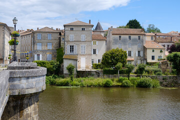 Riverside buildings on the river Charente in Confolens, Charente, Poitou-Charentes, Aquitaine,...