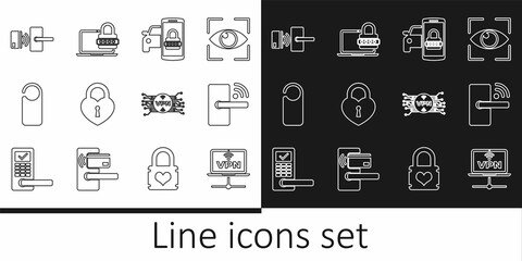 Set line VPN Computer network, Digital door lock with wireless, Smart car security system, Castle in the shape of heart, Please not disturb, microchip circuit and Laptop password icon. Vector