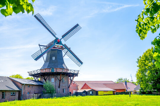 Germany, Lover Saxony, Aurich, Traditional windmill and adjacent houses in summer
