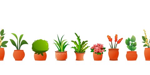 Indoor plants and flowers. In ceramic pots. Homemade beautiful herbs. Isolated on white background. Seamless horizontal composition. Cartoon fun style. Vector