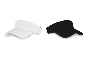 Blank white and black visor plain hat mockup isolated on a white background. 3d rendering.