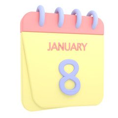 8th January 3D calendar icon. Web style. High resolution image. White background