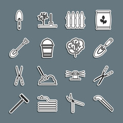 Set line Garden saw, Gardening handmade scissor, trowel spade shovel, fence, Bucket, and Tree icon. Vector