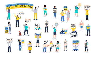 Fototapeta premium A big crowd of protesting people holding placards against the war in Ukraine. Men and women protest with signboards. Strikes, and protests around the world. Save Ukraine. Vector flat illustration.