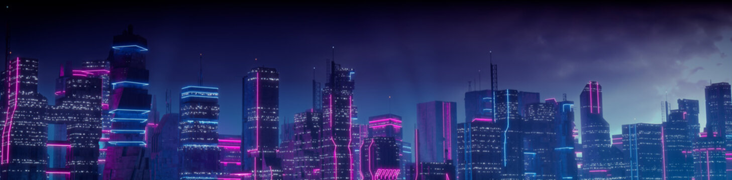 Cyberpunk Cityscape with Blue and Pink Neon lights. Night scene with Visionary Superstructures.