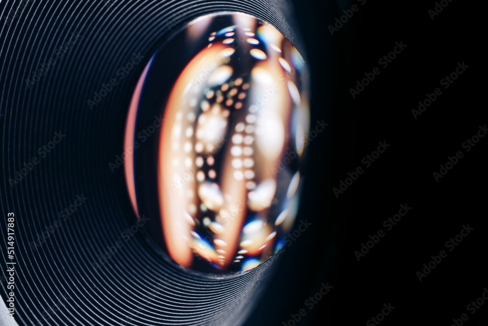Poster Beautiful abstract camera lens background multi colored glass reflection.