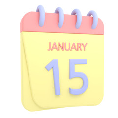15th January 3D calendar icon. Web style. High resolution image. White background