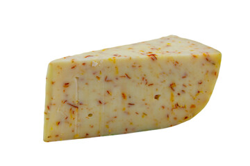 Piece of cheese with chilli pepper isolated on a white background