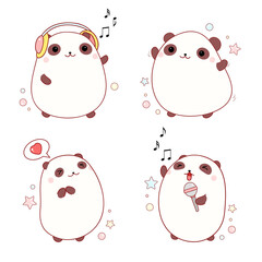 Set of cute little pandas with microphone and headphone. Collection of lovely fat pandas - singing, dancing, listening to music. Vector illustration EPS8