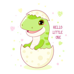 Baby shower invitation template. Cute newborn dinosaur in egg. Inscription Hello little one. Can be used for invitations, birthday greeting card. Vector illustration EPS8