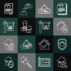 Set line House with percant, under protection, Hanging sign For Rent, Realtor, Open house, contract and Sale icon. Vector