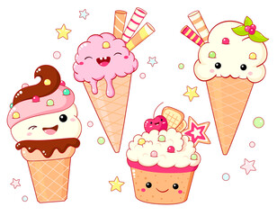 Set of ice cream characters in kawaii style with smiling face and pink cheeks for sweet design. Sundae, gelato in waffle cone. Cute summer food collection. Vector illustration EPS8  