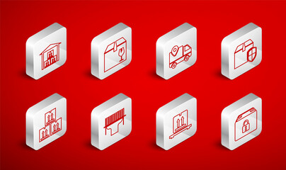 Set line Locked package, Delivery box with fragile content, tracking, security shield, Cardboard boxes pallet, Warehouse, Scanner scanning bar code and traffic icon. Vector