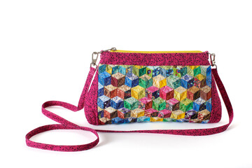 Multi-colored cubes pattern patchwork mini zipper bag