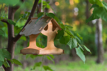 Wooden bird feeder hanging on the branches of a green tree in the park