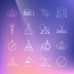 Set line Compass, Head flashlight, Rafting boat, Tourist tent, Flashlight, and with flag icon. Vector