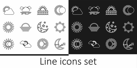 Set line Moon icon, Sun, Sunset, and cloud weather, stars and Cloud icon. Vector