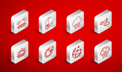 Set line Cloud with rain, Sleeping moon, and stars, Moon, Eclipse of the sun and Sunset icon. Vector