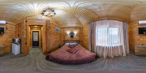 360 hdri panorama in interior of wooden bedroom in rustic style in  flat apartments with tv,...
