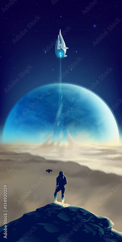 Wall mural a man in a futuristic suit standing on the peak of an unknown planet with the background of the spac