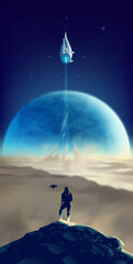 a man in a futuristic suit standing on the peak of an unknown planet with the background of the spaceships flying out to space © Bryan Vectorartist