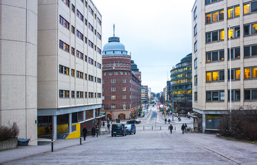 Street with colourful buildings in downtown in Helsinki, Finland