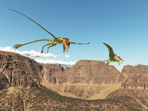 Flugsaurier Peteinosaurus über einer Gebirgslandschaft