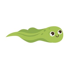Cute tadpole cartoon character vector illustration. Drawings of green toads jumping, sitting in pond with lotus, catching dragonflies isolated on white
