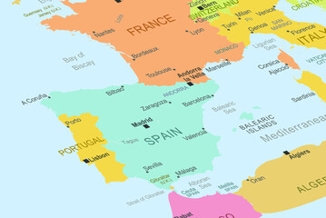 Obraz premium Spain in the middle of europe map, close up Spain, travel idea, destination, vacation concept, colorful map