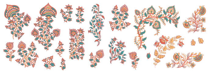 Set of decorative elements of flowers, branches, leaves. Kalamkari. Indian style.