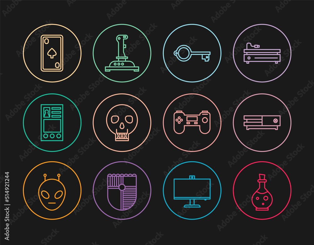 Poster set line bottle with magic elixir, video game console, ancient key for, skull, create account screen