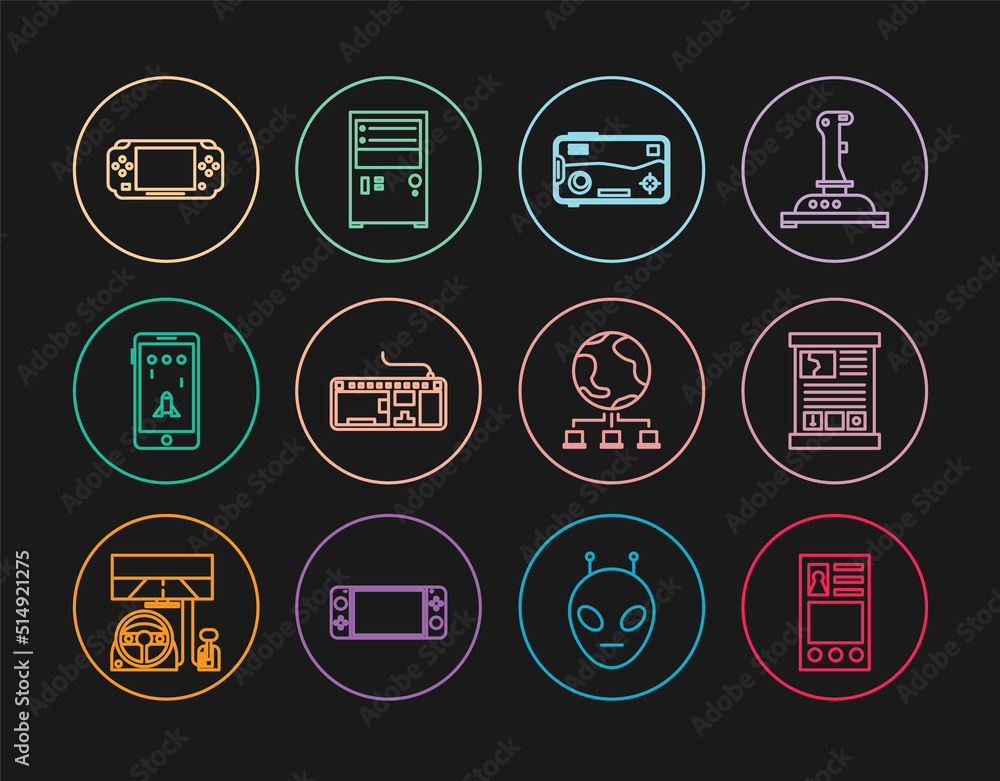 Poster set line create account screen, game guide, mobile and playing in game, computer keyboard, portable 