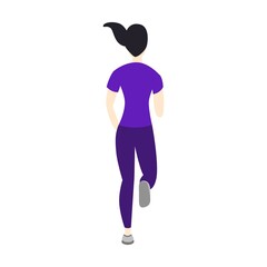 Back view of sports girl jogging in casual clothes vector illustration. Women standing, waving, watching concert or show from behind isolated on white