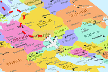 Austria with plane and dashed line on europe map, close up Austria, vacation concept, fly destination, travel idea, colorful map with plane icon