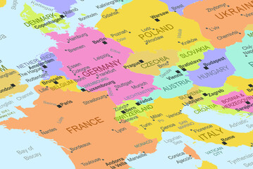 Switzerlad in the middle of europe map, close up Switzerlad, travel idea, destination, vacation concept, colorful map
