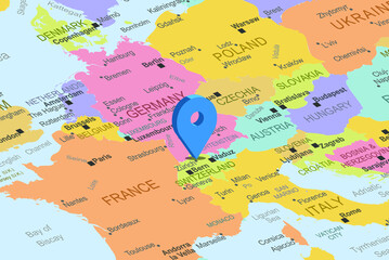Switzerlad with blue placeholder pin on europe map, close up Switzerlad, colorful map with location icon, travel idea, vacation concept