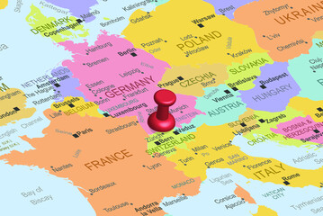 Switzerlad with red fastener pushpin on europe map, close up Switzerlad, travel idea, colorful map with location icon, vacation concept