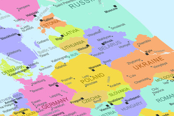 Poland in the middle of europe map, close up Poland, travel idea, destination, vacation concept, colorful map