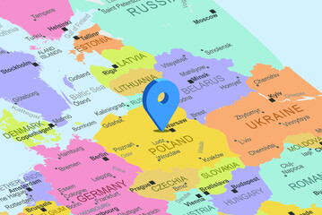Poland with blue placeholder pin on europe map, close up Poland, colorful map with location icon, travel idea, vacation concept