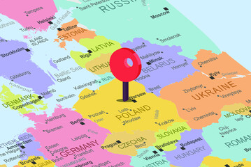 Poland with red location placeholder on europe map, close up Poland, colorful map with location icon, travel idea, vacation concept