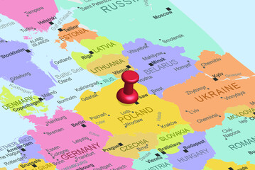 Poland with red fastener pushpin on europe map, close up Poland, travel idea, colorful map with location icon, vacation concept