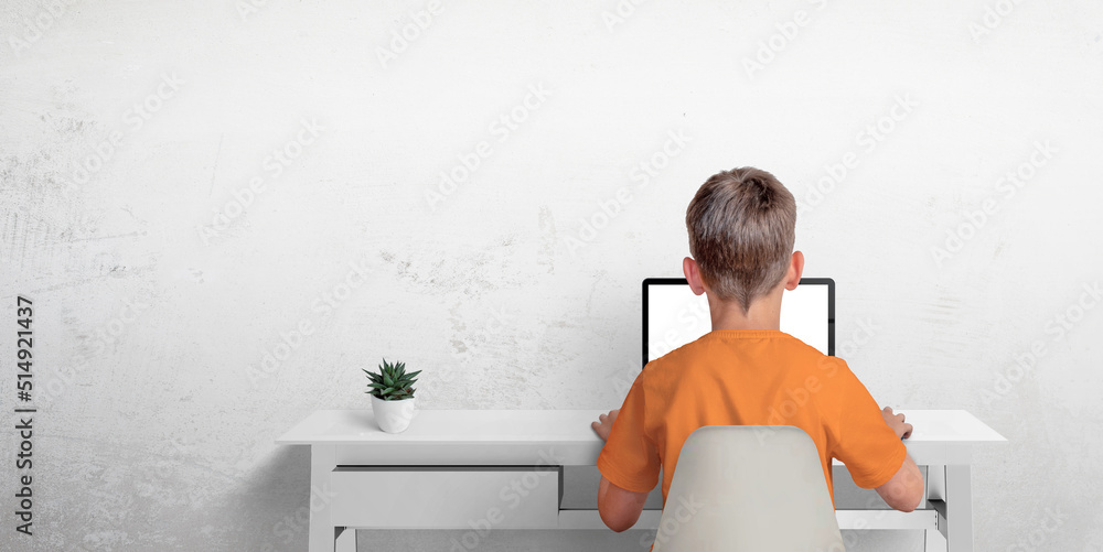 Poster Boy typing on a laptop computer. The concept of sending an email or corresponding with friends. Protection of privacy of minors