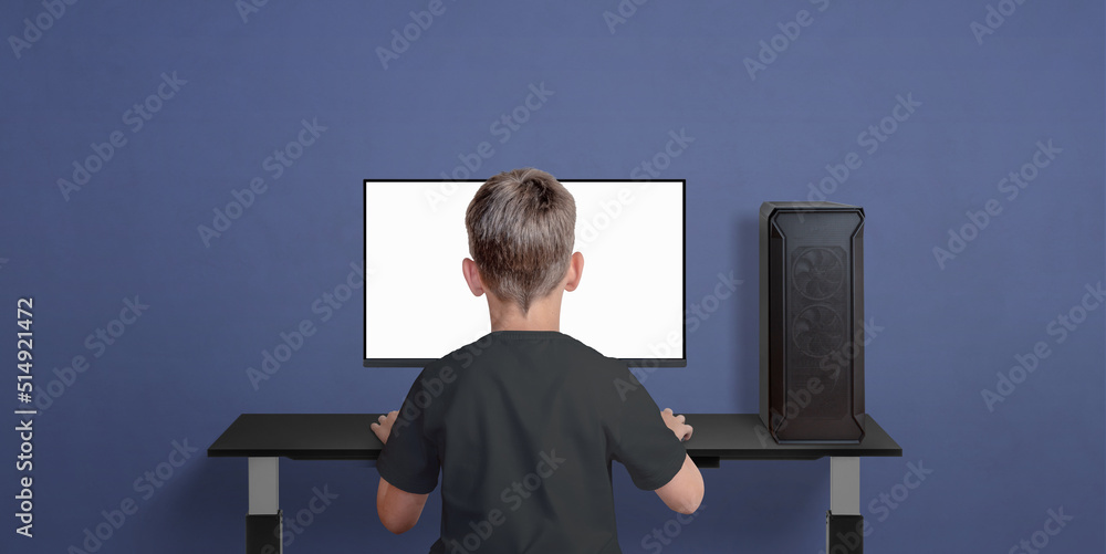 Aufkleber boy play game on desktop computer. children in gaming. isolated monitor display for video game promo