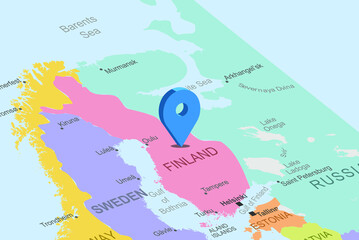 Finland with blue placeholder pin on europe map, close up Finland, colorful map with location icon, travel idea, vacation concept
