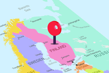 Finland with red location placeholder on europe map, close up Finland, colorful map with location icon, travel idea, vacation concept