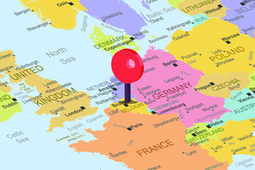 Belgium with red location placeholder on europe map, close up Belgium, colorful map with location icon, travel idea, vacation concept