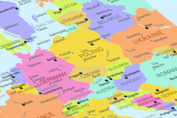 Czechia in the middle of europe map, close up Czechia, travel idea, destination, vacation concept, colorful map