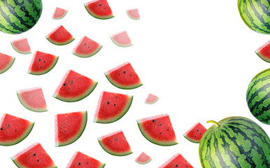 Watermelon. Composition of sliced watermelon slices on a white background, banner, postcard.